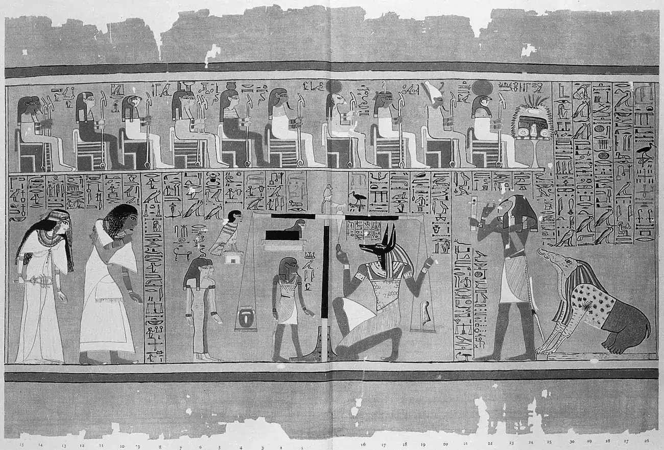 Szene der Herzwägung aus dem Totenbuch: Anubis an der Waage, Thot mit dem Schreibgerät, die Götterreihe darüber