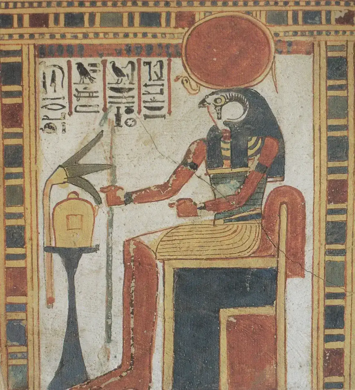 Wandmalerei des thronenden Sonnengottes Re mit Falkenkopf und Sonnenscheibe